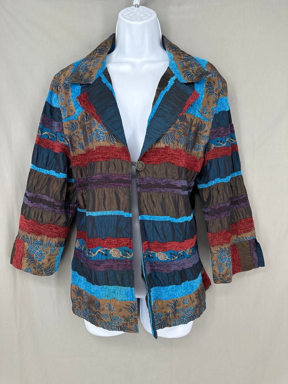 Vintage Jacket Women Medium Blue Floral Tapestry Boho Eclectic Cottage Bohemian